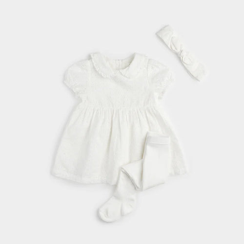 White Eyelet Dress and Tights Set (3 pc)