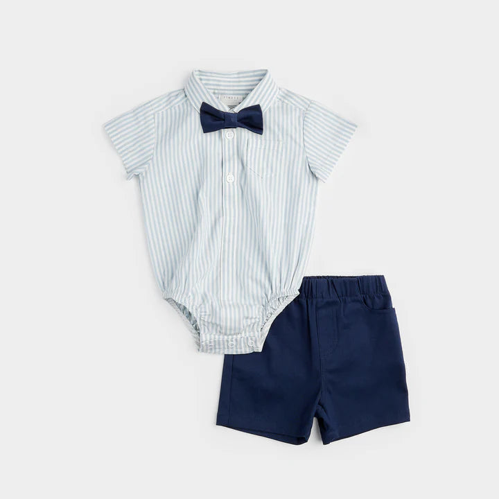 Celestial Blue Striped Poplin Shirt and Shorts Set with Bowtie