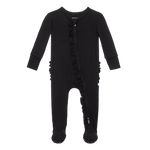 Black Solid Ribbed Ruffled Footie
